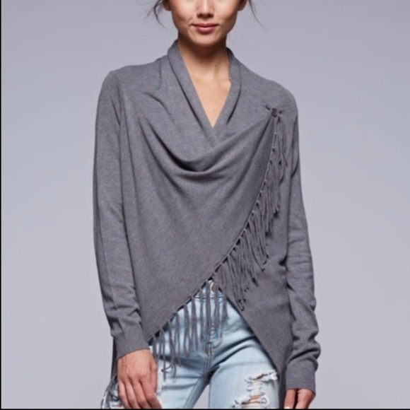lovestitch Sweaters - Love Stitch Fringe Asymmetric Shawl Gray Sweater